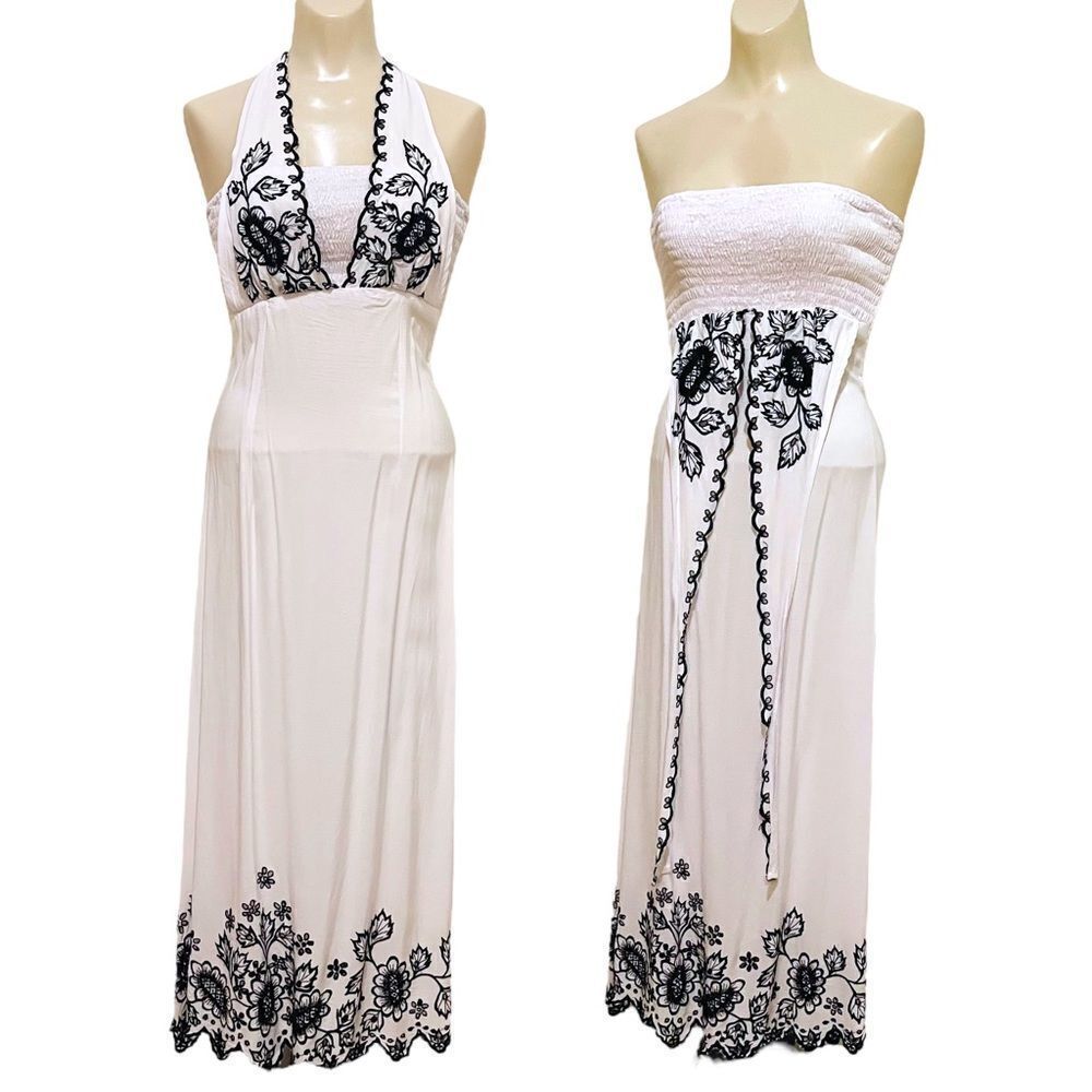 Bali Chic White Black Embroidery Smocked Tube Tie Halter Top Dress